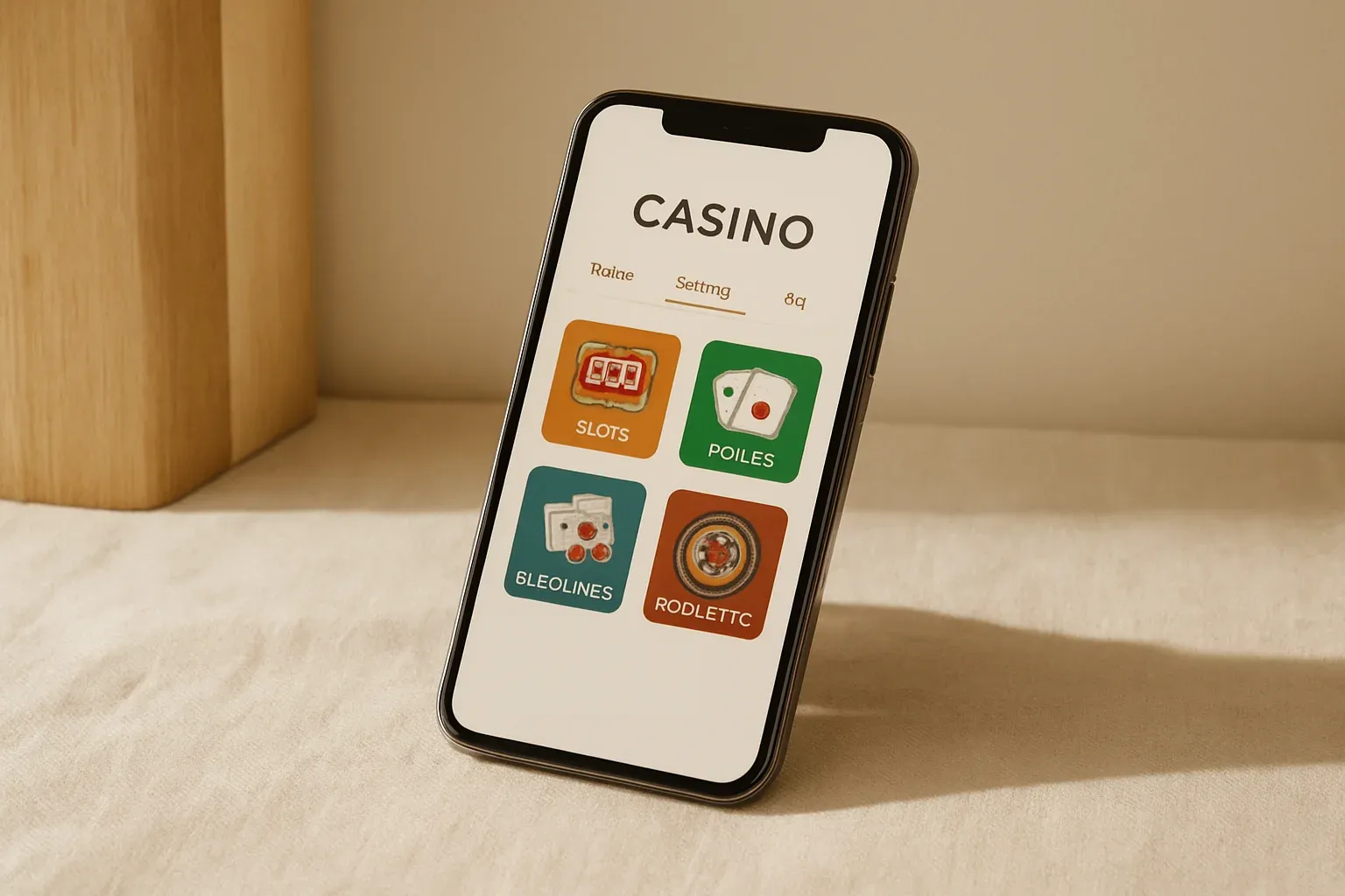 Smartphone on cream background showing light casino app game thumbnails