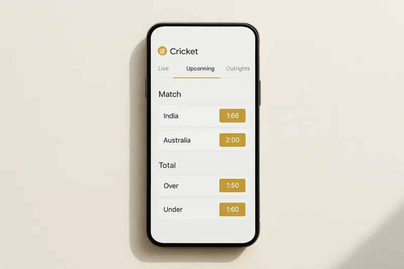 Phone screen showing clean cricket betting odds interface in white and gold