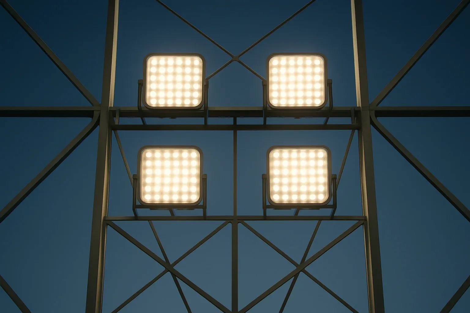 Looking up at four bright stadium lights through metal structure