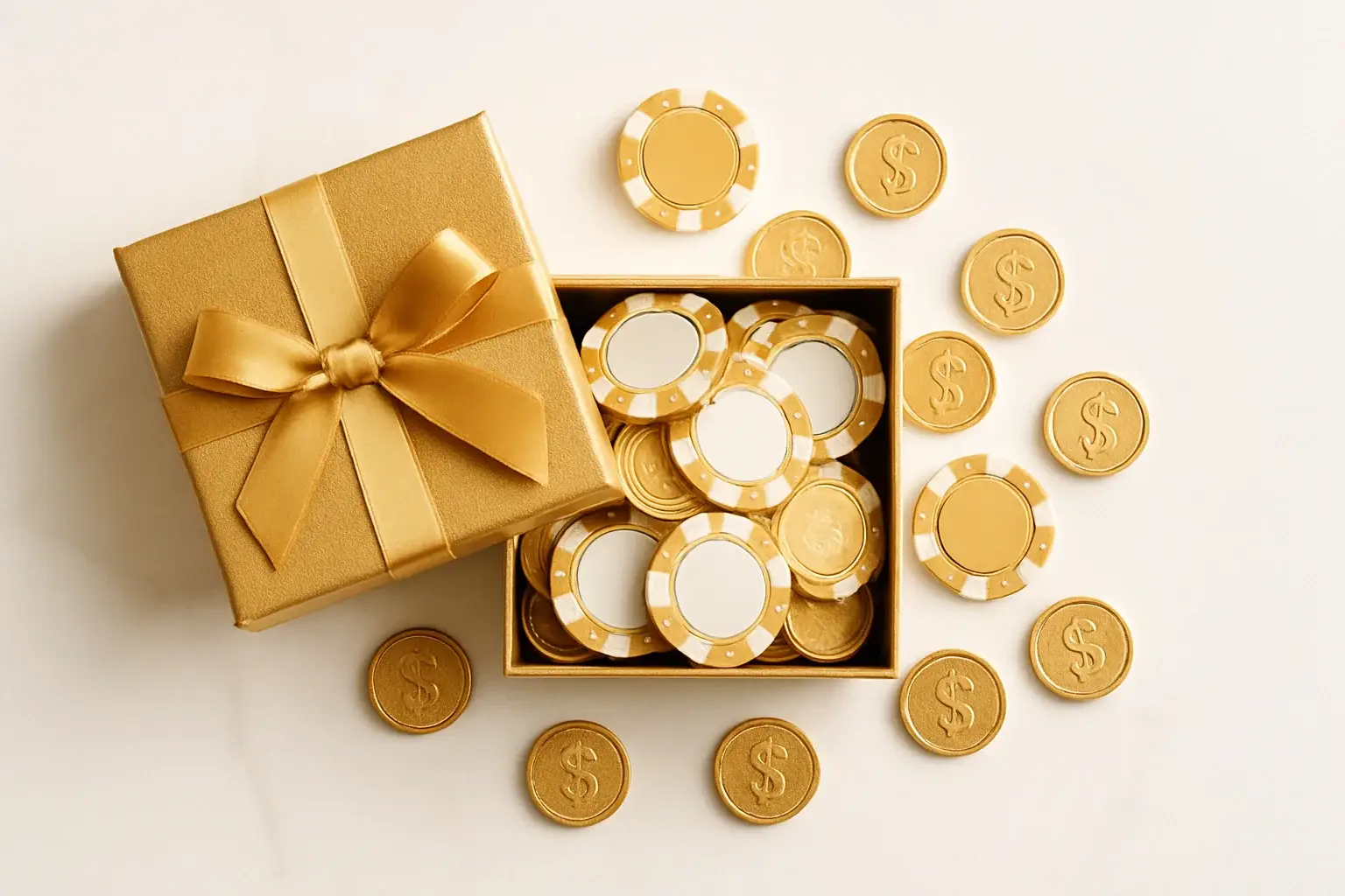 Golden gift box overflowing with poker chips and gold coins