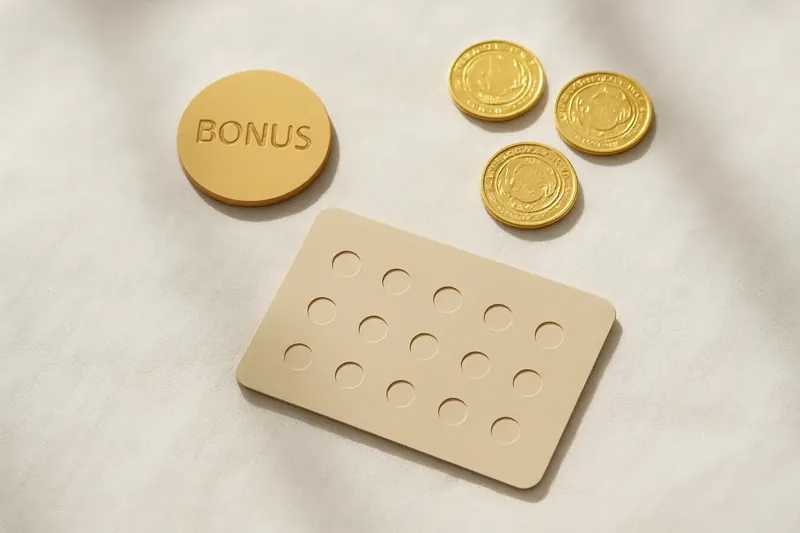 Loyalty card, bonus token and three gold coins on white linen