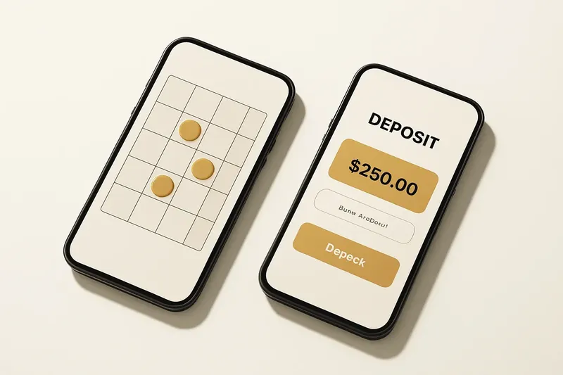 Two smartphones on cream background showing game grid and deposit screen