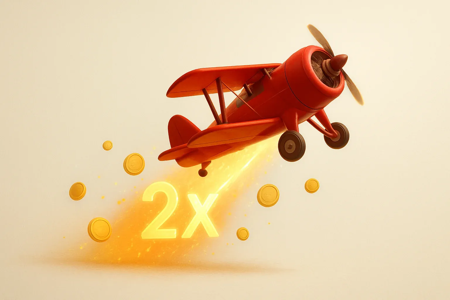 Aviator Crash Scene Red airplane climbing with glowing multiplier trail, coins, and sparks
