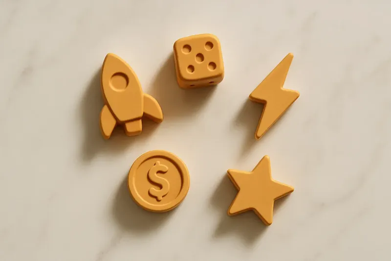 Five 3D instant game symbols on white marble flat lay