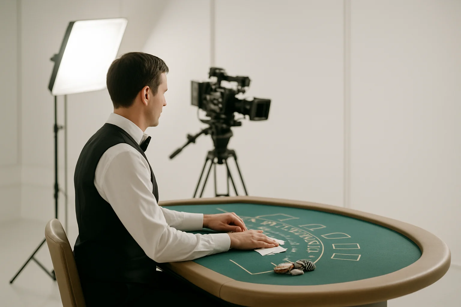 Live Casino Studio Side view of blackjack dealer in live casino studio